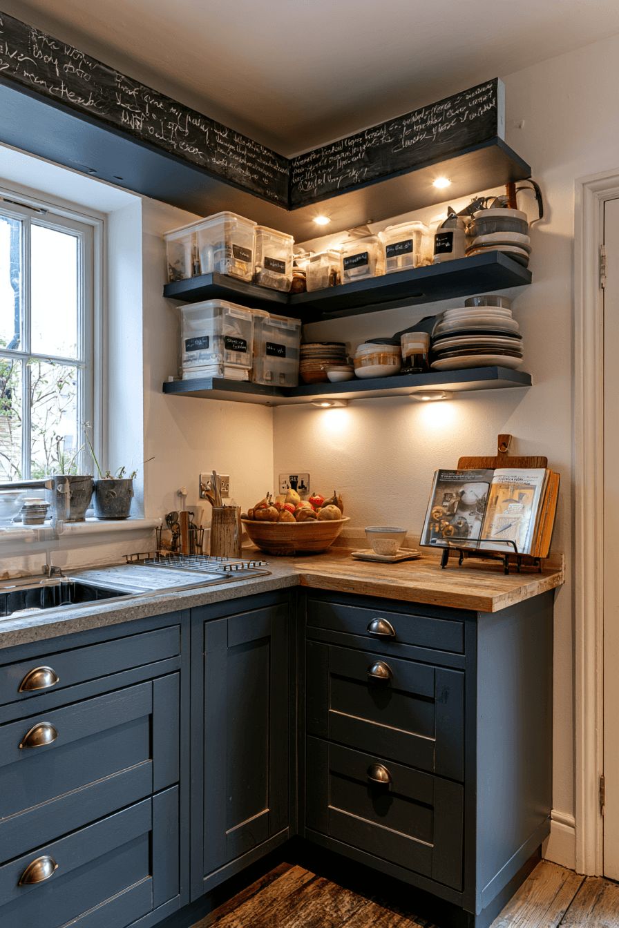 10. Practical Navy Blue Shelving for Family Kitchens