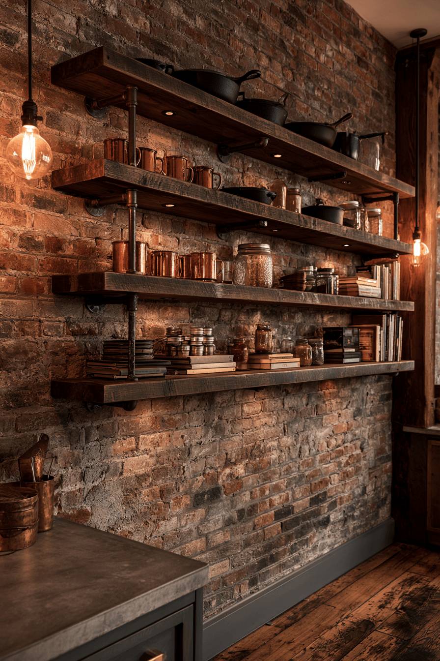 3. Industrial Loft Character with Reclaimed Pipe Shelving