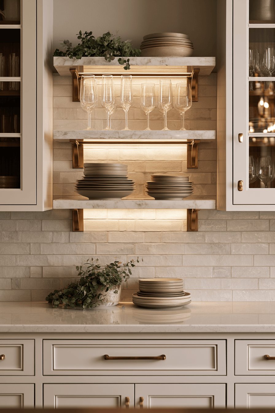 9. Transitional Elegance with Marble-Look Shelves and Gold Accents
